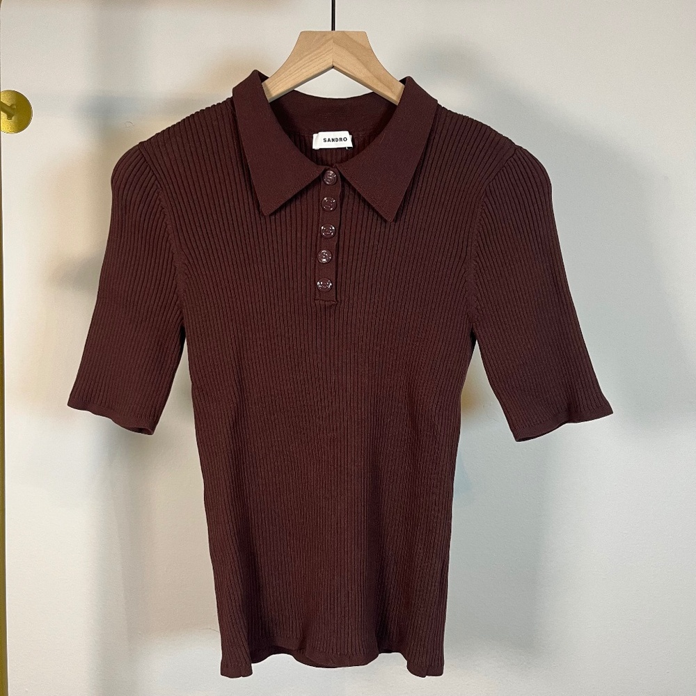 Sandro Women's Short Sleeve Ribbed Polo Top in Dark Brown
